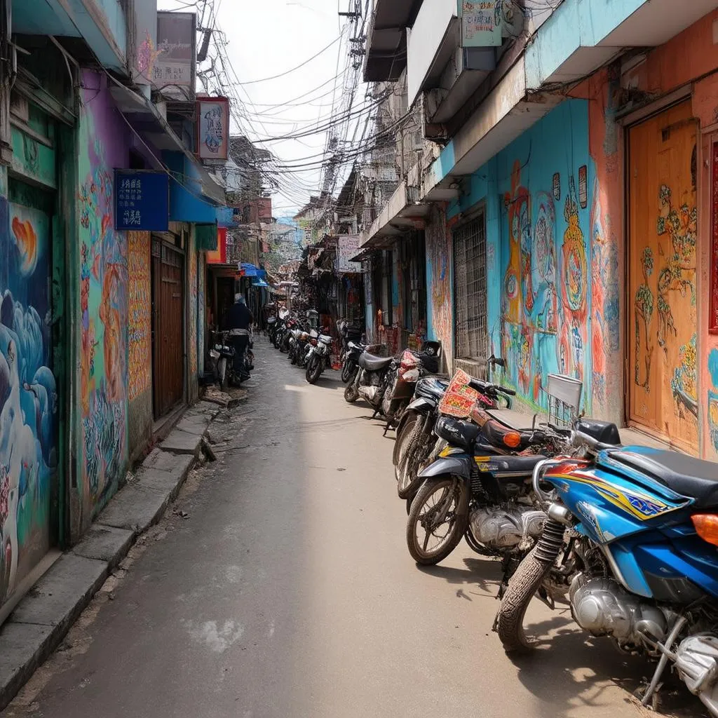 Colorful mural in a Hanoi alleyway